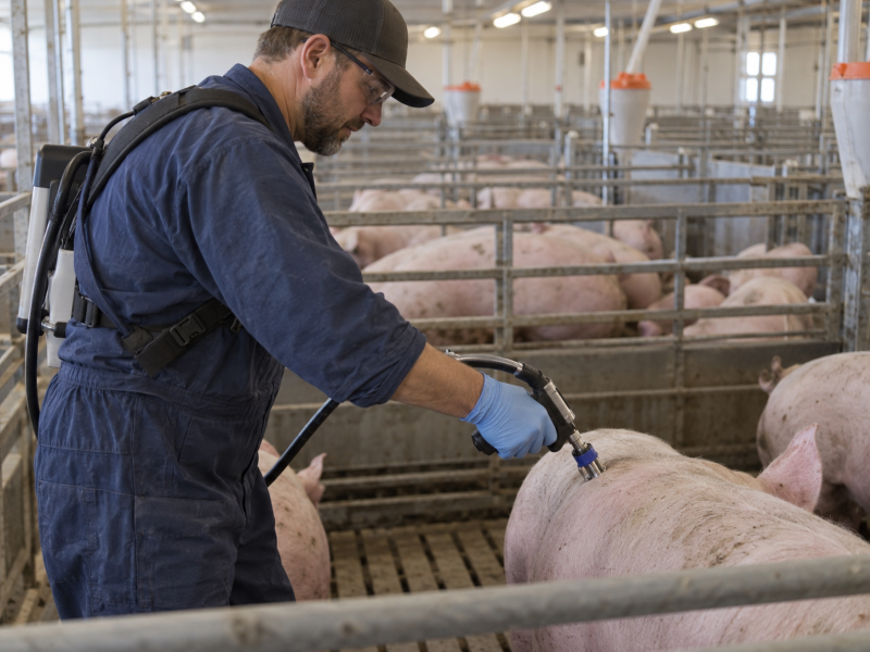 Livestock worker using needle-free vaccination equipment with pigs in a swine facility
